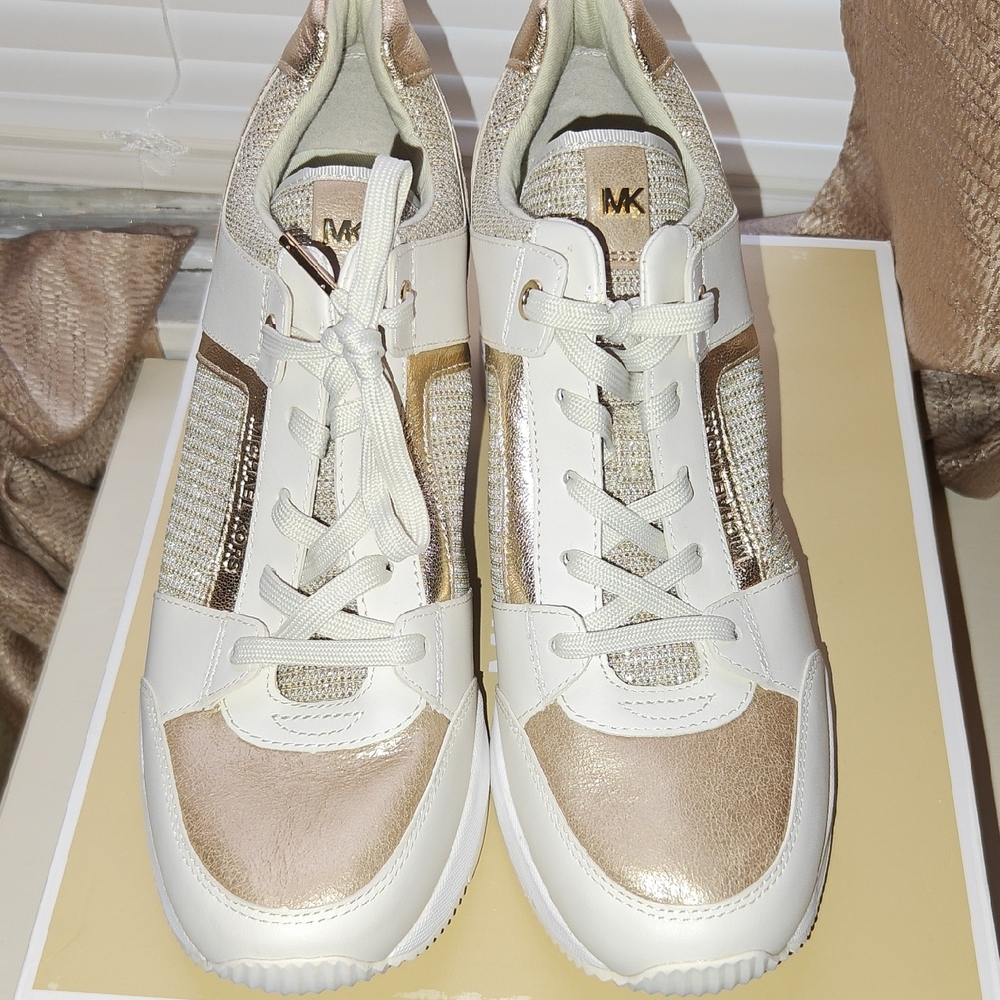 Michael Kors White and Gold Low-Top Sneakers